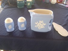 Harker Pottery Cameoware White Rose Blue Ball Pitcher