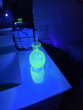 Vintage Green Uranium Glass Ribbed Carafe / Bedside Water Carafe, 6 inches — listing 6