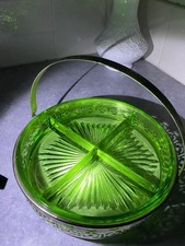 Green Depression Uranium Glass Divided Relish Tray in Silver Plate Handled Holder, 10 inch — listing 2