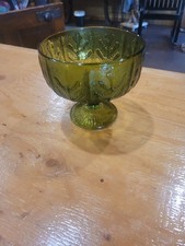 Vintage Green Glass Footed Compote Bowl with Scalloped Rim — listing 5