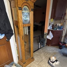 Vintage Oak Grandfather Clock with Brass Dial, Weight-Driven Triple-Chime Movement — listing 4