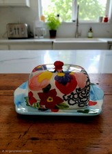 Hand-Painted Italian Ceramic Covered Butter Dish with Pink Floral Design — listing 3