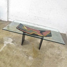 Postmodern Glass-Top Dining Table with 8 Black Lacquer High-Back Chairs — listing 6