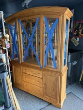 Oak Lighted China Cabinet / Wall Display Unit with Center Mirror, Drawers, and Glass Side Doors — listing 3