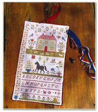 Framed Primitive Cross-Stitch Sampler with Houses, Alphabet & Quaker Medallions — listing 2