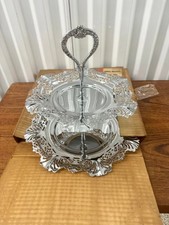 Vintage Ruby Red & White Swirl Art Glass Two-Tier Tidbit Serving Tray with Chrome Handle — listing 4