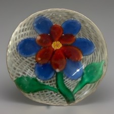 Art Glass Lampwork Flower Paperweight with Signature Cane, Blue Ground — listing 2