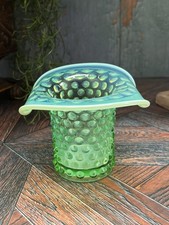 Green Opalescent Hobnail Footed Compote / Candy Dish with Ruffled Rim — listing 4