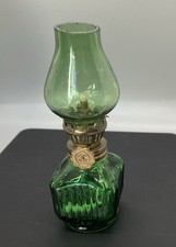 Antique Green Depression Glass Kerosene Oil Lamp with Clear Chimney — listing 2