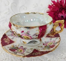 Vintage Lusterware Floral Teacup and Saucer with Heavy Gold Trim — listing 6
