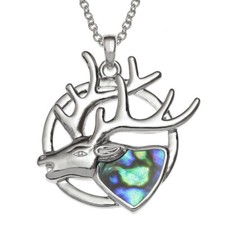 Surrealist Figural Stag-Deer Pendant Necklace with Abalone Antler Inlay and Human Face — listing 2