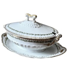 Antique Victorian Porcelain Covered Vegetable Dish / Tureen with Floral Transferware and Gilt Trim — listing 2
