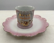 Antique Pink Copper Lustreware Tea Cup and Saucer with Hand-Painted Floral Motif