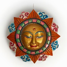 Hand-Carved Wooden Sun Face Wall Mask with Serene Green Face and Red Rays — listing 4
