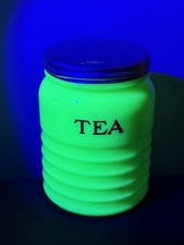 Jadeite Green Uranium Glass "TEA" Kitchen Canister, Ribbed Beehive Form, 4.5" Tall