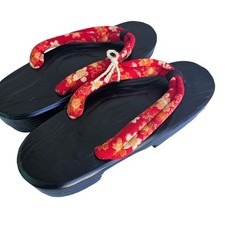 Japanese Koppori Geta Lacquered Wooden Sandals with Orange Hanao Strap, Black with Red Interior, in Original Box — listing 3