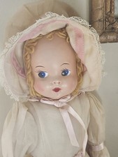 Vintage 1950s-60s Mask-Face Cloth Doll, 21 inches, Yarn Hair with Stuffed Body and Hard Plastic Face