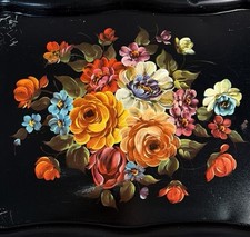 Hand-Painted Tole Metal Planter with Rose Motif and Scrolled Leaf Handles, Artist Signed
