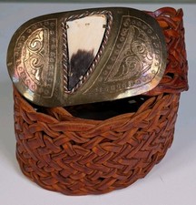 Vintage Chico's Braided Black Leather Belt with Large Hammered Brass Oval Buckle
