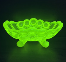 Vintage Uranium Glass Footed Candy Dish with Domed Lid, Green Satin Frosted with Greek Key Band, 5 inches tall — listing 3
