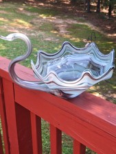 Vintage Green Art Glass Brides Basket with Applied Clear Twisted Handle and Ruffled Rim — listing 5
