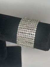 Costume Jewelry Silver-Tone Hinged Cuff Bracelet with Yellow and Green Faceted Cabochons and Blue Rhinestones — listing 2