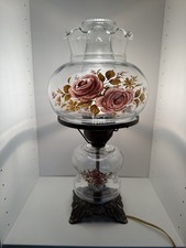 Vintage Hurricane Table Lamp with Ruffled Amber Glass Shade and Floral Milk Glass Font — listing 6