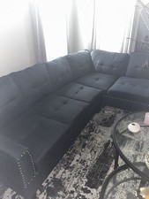 Two-Piece L-Shaped Sectional Sofa with Chaise, Navy/Charcoal Chenille Upholstery — listing 6
