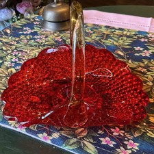 Vintage Amberina Hobnail Glass Vase with Crimped Ruffled Rim