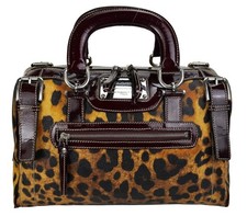 Leopard Print Leather Boston Satchel Handbag with Brown Trim