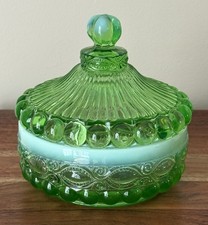 Vintage Green Pressed Glass Footed Covered Candy Dish with Grape & Leaf Pattern and Fruit Finial — listing 3