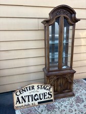 Oak Curved-Glass Curio Display Cabinet with Leaded Beveled Diamond Panels and Mirrored Back — listing 6