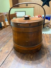 Antique Primitive Wooden Firkin Sugar Bucket with Lid and Bentwood Handle, 12" Round x 12" Deep