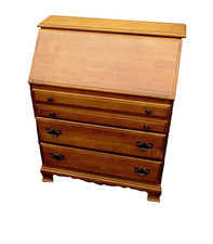 slant pine Vintage Colonial Style Pine Slant-Top Writing Desk with Chair and Wall Shelf — listing 6