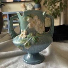 Roseville Pottery White Rose Two-Handled Pillow Vase, Green/Blue — listing 6