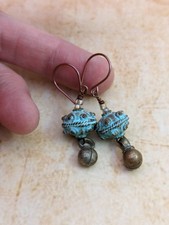 Vintage Afghan Kuchi Tribal Drop Earrings with Red Coral Glass Cabochons — listing 4