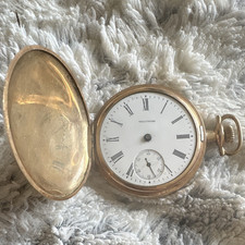 Antique Waltham Hunter Case Pocket Watch, Gold-Filled, Enamel Dial — listing 4