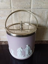 Wedgwood Sage Green Jasperware Biscuit Barrel with Silver-Plate Mounts, Neoclassical Sacrifice Figures — listing 5