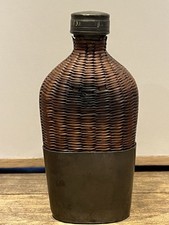 Antique Wicker-Wrapped Glass Flask with Metal Screw Cap