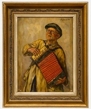 Original Oil Painting Portrait of an Elderly Accordion Player, Signed — listing 2