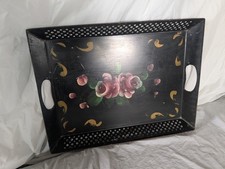 Hand-Painted Tole Metal Planter with Rose Motif and Scrolled Leaf Handles, Artist Signed — listing 4