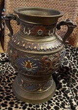 Antique Japanese Bronze Champlevé Enamel Vase with Wooden Stand — listing 3