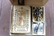 Antique 1921 First Communion Photograph of Young Boy in Tiger Oak Frame — listing 6