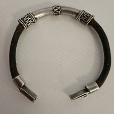 Sterling Silver 925 Black Leather Cuff Bracelet with Openwork Filigree ID Bar, 1/2" Wide — listing 3
