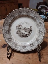 Antique Victorian Brown Transferware Ironstone Platter with Polychrome Floral Border — listing 4