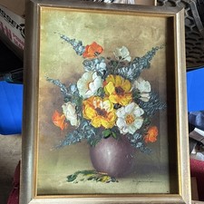 Vintage Floral Still Life Oil Painting on Canvas in Ornate Gilt Baroque-Style Frame, Signed — listing 5