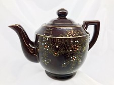 Vintage Japanese Redware Teapot Brown Glaze Gold Hand-Painted Floral — listing 5