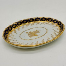 Cobalt Blue & Gold Floral Porcelain Trinket Dish with Pink Rose Center