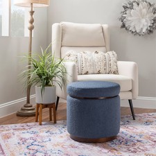 Large Round Upholstered Cocktail Ottoman with Carved Wood Base, Paisley Chenille