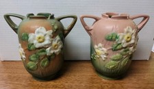 Roseville Pottery White Rose Two-Handled Vase, Pink & Green, Shape 980-6" — listing 5